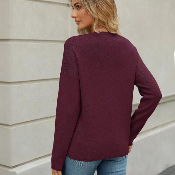 Women's V Neck Sweater Long Sleeve Knit Fall Fashion Slim Fit Top - Picture 4 of 5